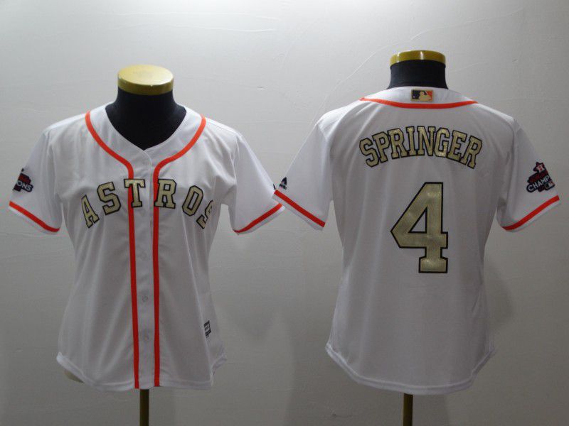 Women Houston Astros 4 Springer White Gold version MLB Jerseys